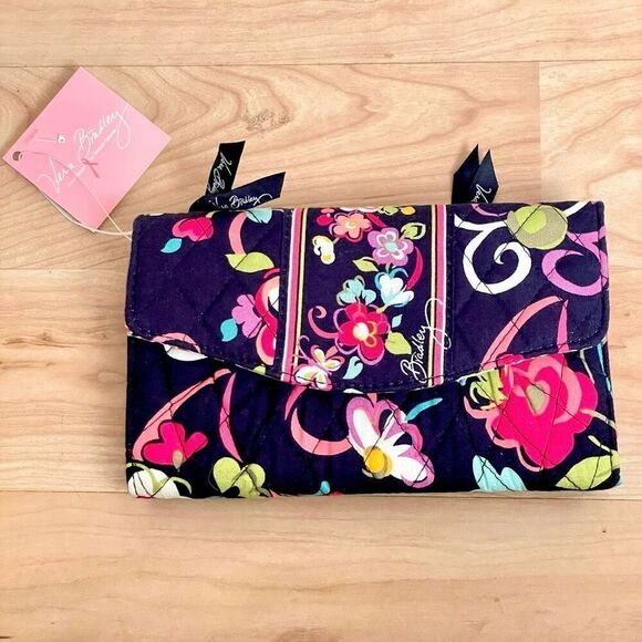 NWT Gorgeous Vera Bradley Floral Navy Blue Crossbody Bag / Wallet with Ribbons - Picture 1 of 12
